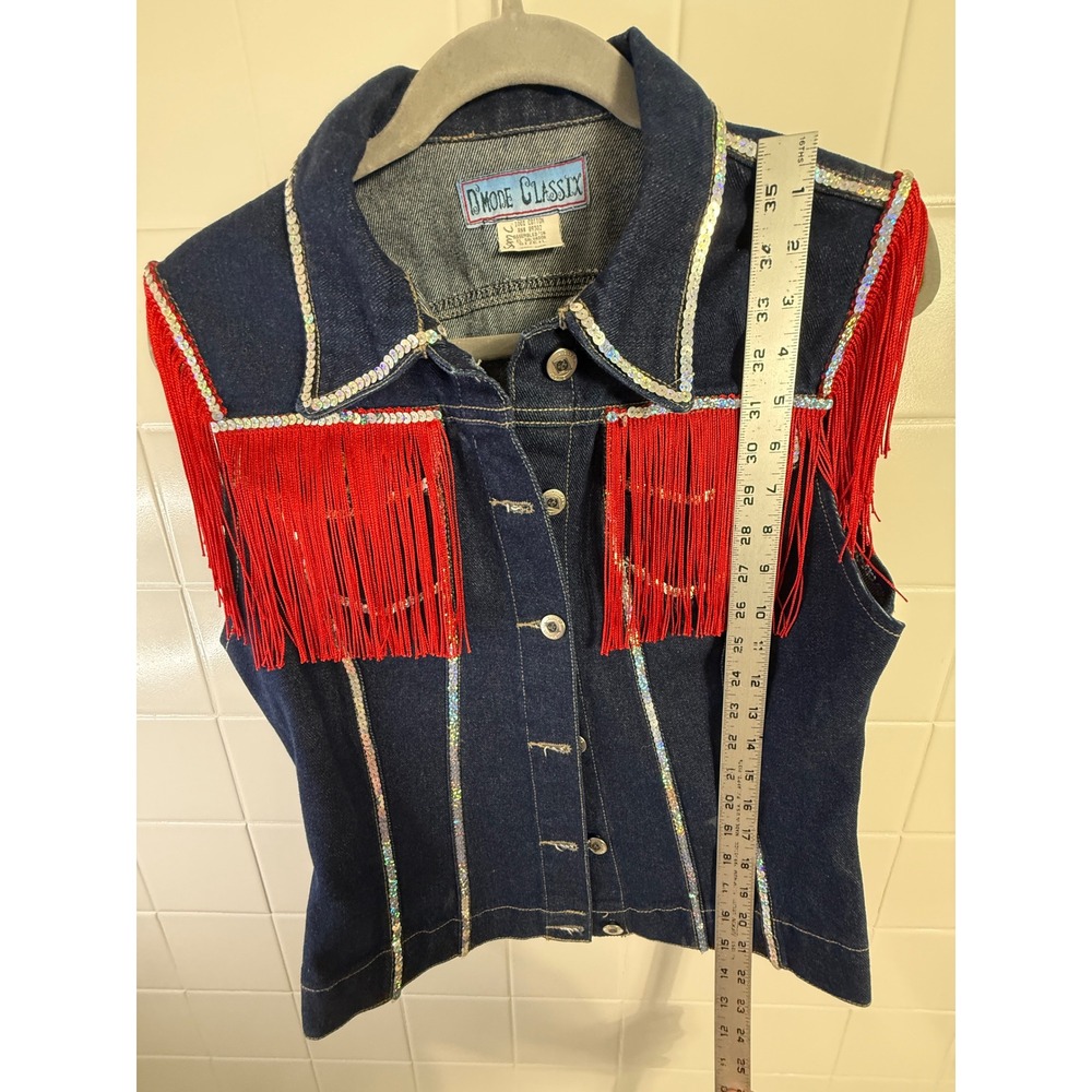 D'Mode Classix Women Blue Denim Vest Red Fringe Sequin Western Cowgirl Large - Picture 5 of 6